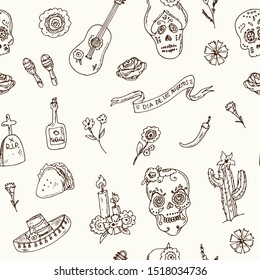 Day of the Dead (Dia de los Muertos) hand drawn doodle seamless pattern. Vector illustration. Isolated elements on white background. Symbol collection