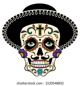 Day of the dead, Dia de los muertos, Sugar skull in the sombrero. Vector illustration isolated on white background.