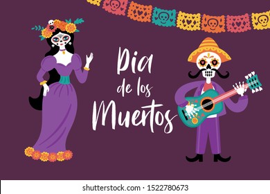 Day of the dead Dia de los Muertos holiday greeting card design with cute characters. Childish print for card, stickers and party invitations. Vector illustration