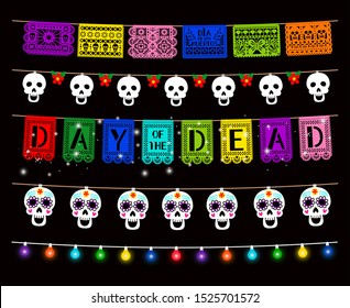 Day of Dead, Dia de los muertos, party decorations vector set. Traditional garlands isolated pack. Glowing color lamps, sugar skull hanging on string design element. Mexican holiday clipart