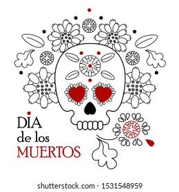 Day of the dead, Dia de los muertos white background, banner and greeting card concept with sugar skull or calavera, flowers and text.
Minimal vector illustration, logo, tattoo, cover for website