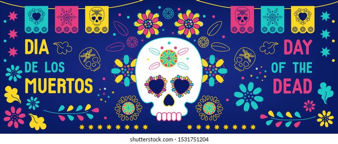 Día de los muertos, Dia de los muertos, banner, tarjeta de saludo con bunting mexicano, cráneos del azúcar o calavera, flores y texto. Ilustración vectorial, portada de Facebook, sitio web, medios sociales. 
