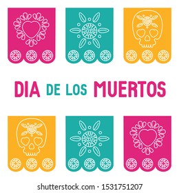 Day of the dead, Dia de los muertos background, square banner, greeting card  with mexican bunting, sugar skull or calavera, flowers and text. Vector illustration, cover for website, social media. 