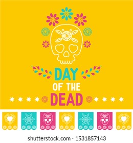 Day of the dead, Dia de los muertos yellow background, square banner, greeting card. Vector illustration with sugar skull or calavera, flowers and text, cover for website, social media.