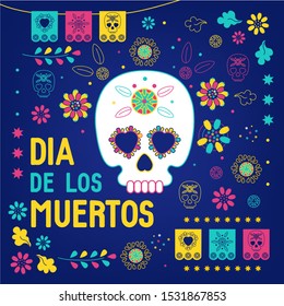 Day of the dead, Dia de los muertos blue background, square banner, greeting card. Vector illustration with sugar skull or calavera, flowers and text, cover for website, social media.