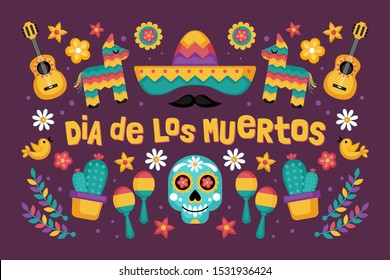 Day of the dead Dia de los Muertos holiday greeting card design with Mexican party elements