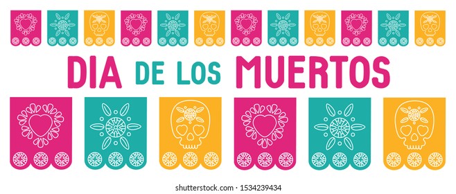 Day of the dead, Dia de los muertos, cover for web site, social media, background, banner, greeting card. Vector illustration with mexican bunting, sugar skull or calavera, flowers and text