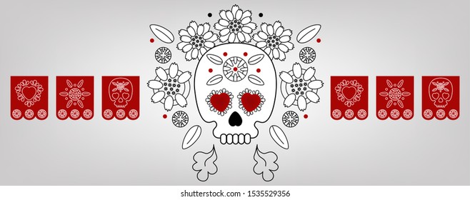 Day of the dead, Dia de los muertos, cover for social media, web site background, web banner, greeting card. Vector illustration with mexican bunting, sugar skull or calavera, flowers