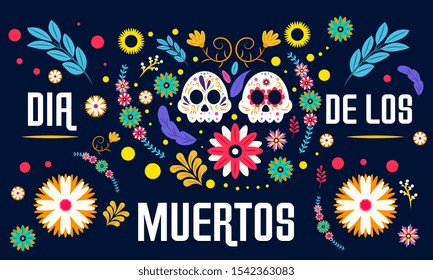 Day of the dead, Dia de los muertos, banner with colorful Mexican flowers. Vector illustration