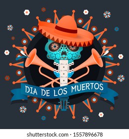 Day of the dead, Dia de los moertos. Banner with a skull, guitar, trumpets and flowers. Vector illustration.