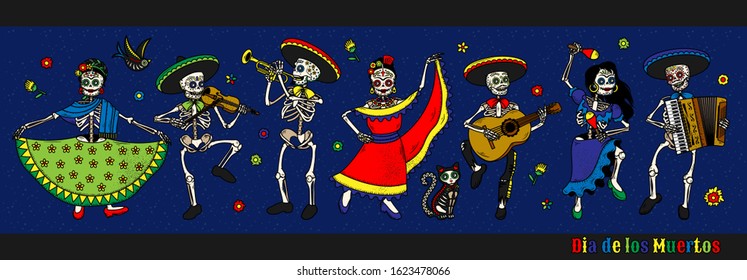 Day of the Dead (Dia de los Muertos). The Skeleton Dance. Holiday Party Decoration Banner Invitation. Flat Vector Illustration.