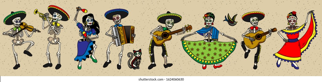 Day of the Dead (Dia de los Muertos). The Skeleton Musicians Set. Mariachi Band. Vector Illustration.