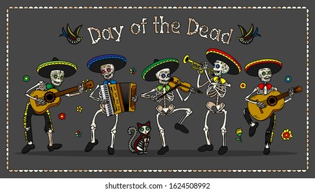 Day of the Dead (Dia de los Muertos). The Skeleton Musicians. Mariachi Band. Sugar Skull Skeleton Characters. Vector Illustration.