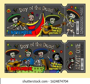 Day of the Dead (Dia de los Muertos) Costume Party Invitation Flyers, Tickets or Invitation templates with The Skeleton Musicians And Dancers. Mariachi Band.  Vector Illustration.