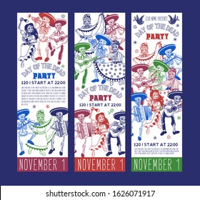 Day of the Dead (Dia de los Muertos) Costume Party Invitation Flyers, Tickets or Invitation templates with Skeleton Musicians And Dancers. Mariachi Band.  Vector Illustration.