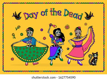 Day of the Dead (Dia de los Muertos). The Skeleton Women Dancers. Vector Illustration. Skeletons Party. Sugar Skull Skeleton Characters.  Vector Illustration.