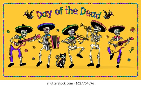 Day of the Dead (Dia de los Muertos). The Skeleton Musicians. Mariachi Band. Sugar Skull Skeleton Characters. Vector Illustration.