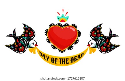 Day of the dead, Dia de los muertos, birds skulls and skeleton decorated with colorful Mexican elements and flowers. Fiesta, Halloween, holiday poster, party flyer. Vector illustration