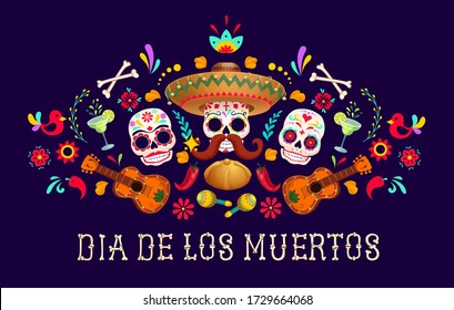 Day of the dead, Dia de los moertos, banner with colorful Mexican flowers. Fiesta, holiday poster, party flyer, funny greeting card