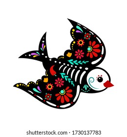 Day of the dead, Dia de los muertos, birds skulls and skeleton decorated with colorful Mexican elements and flowers. Fiesta, Halloween. Vector illustration