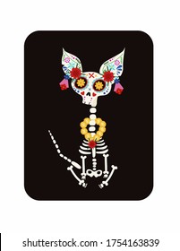 Day of the Dead, Dia de los muertos, a cat skeleton decorated with colorful Mexican elements and flowers. Fiesta, Halloween, holiday poster, party. Vector illustration