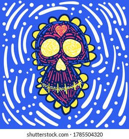 Day of the dead. Dia de los muertos. Mexican carnival concept with sugar festive skull. Fiesta, holiday poster, greeting card in doodle style. Stock vector illustration isolated on blue background.