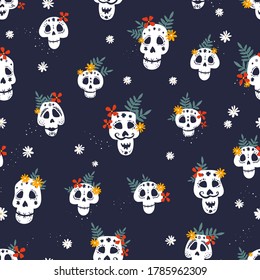 Day of the dead, Dia de los muertos background and seamless pattern, hand drawn with decoration and flowers, great for textiles, banners, wallpapers, wrapping - vector design
