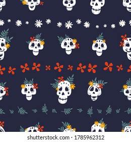 Day of the dead, Dia de los muertos background and seamless pattern, hand drawn with decoration and flowers, great for textiles, banners, wallpapers, wrapping - vector design
