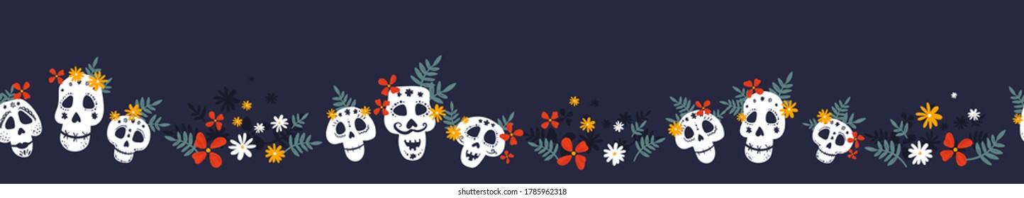 Day of the dead, Dia de los muertos horizontal seamless pattern, hand drawn with decoration and flowers, great for textiles, banners, wallpapers, wrapping - vector design
