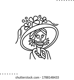 Day of Dead, Dia de los Muertos fiesta, skeleton in Mexican costume, marigold flowers and calavera skull  vector icon in outlines