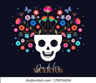 Day of the dead, Dia de los muertos, banner with colorful Mexican flowers. Fiesta, holiday poster, party flyer, funny greeting card