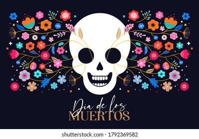 Day of the dead, Dia de los muertos, banner with colorful Mexican flowers. Fiesta, holiday poster, party flyer, funny greeting card