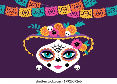 Day of the dead Dia de los Muertos holiday greeting card design with cute woman skull. Childish print for card, poster and party invitations. Vector illustration