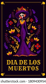 Day of Dead, Dia de los Muertos fiesta, catrina calavera woman in Mexican costume dress . Vector Day of Dead, Mexico party celebration,  Mexican pattern 
