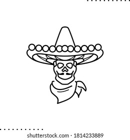 Day of Dead, Dia de Los Muertos fiesta, a skeleton in Mexican costume, Calavera skull  vector icon in outlines