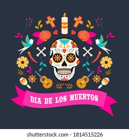 Day of the dead, Dia de los muertos, banner with colorful Mexican flowers. Fiesta, holiday poster, party flyer, funny greeting card. Vector Illustration