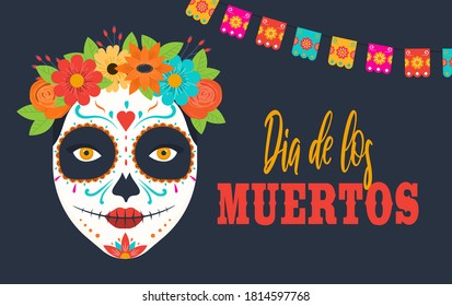 Day of the dead, Dia de los muertos, banner with colorful Mexican flowers. Fiesta, holiday poster, party flyer, funny greeting card. Vector Illustration