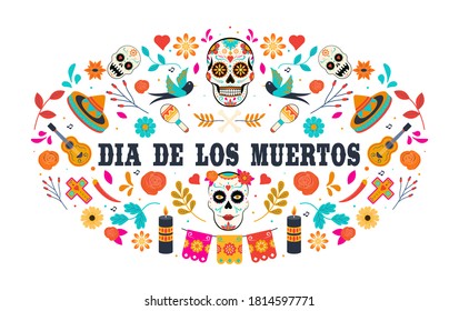 Day of the dead, Dia de los muertos, banner with colorful Mexican flowers. Fiesta, holiday poster, party flyer, funny greeting card. Vector Illustration