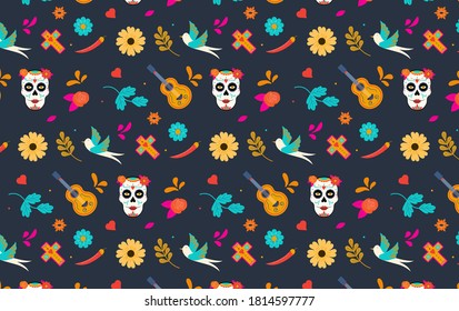 Day of the dead, Dia de los muertos, banner with colorful Mexican flowers. Fiesta, holiday poster, party flyer, funny greeting card. Vector Illustration