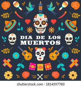 Day of the dead, Dia de los muertos, banner with colorful Mexican flowers. Fiesta, holiday poster, party flyer, funny greeting card. Vector Illustration