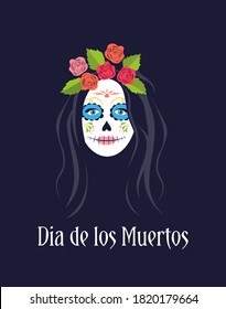 Day of the Dead - Dia de los muertos, Mexican holiday, festival.
Sugar skull woman portrait.
Female character with sugar skull makeup. Vector illustration on a dark background.