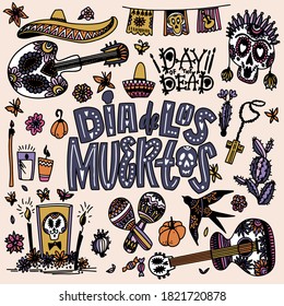 Day of the Dead, Dia de los Muertos big set elements for Mexican fiesta, holiday posters, Halloween, party flyers. Vector illustration