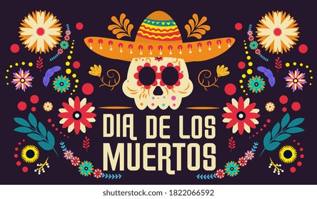 Day of the dead, Dia de los moertos, banner with colorful Mexican flowers and skull in hat. Fiesta, holiday poster, party flyer, funny greeting card. Flat vector illustration