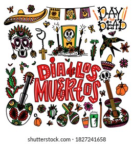 Day of the Dead, Dia de los Muertos big set elements for Mexican fiesta, holiday posters, Halloween, party flyers. Vector illustration isolated on white background