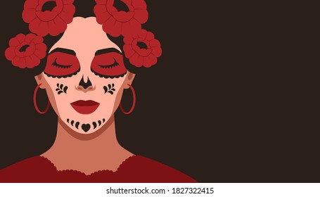 Day of the Dead, Dia de Los Muertos, banner with Mexican young woman with sugar skull makeup. Holiday poster, party flyer, greeting card on dark background