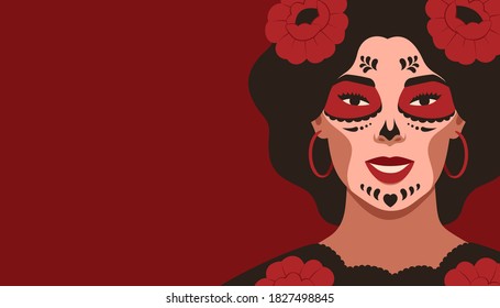 Day of the Dead, Dia de Los Muertos, banner with Mexican smiling young woman with sugar skull makeup. The festive horizontal card on red background