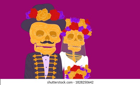 Day of the dead (Dia de los muertos). Two skeletons (man and woman) in wedding suits