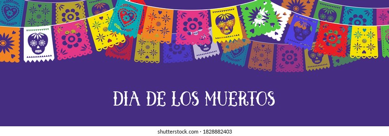 Day of the dead, Dia de los muertos, banner with colorful Mexican bunting. Fiesta, holiday poster, party flyer, funny greeting card. Horizontal web banner