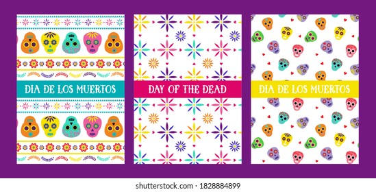Day of the dead, Dia de los muertos, greeting cards with traditional colorful Mexican patterns. Fiesta, holiday poster, party flyer, funny greeting card.