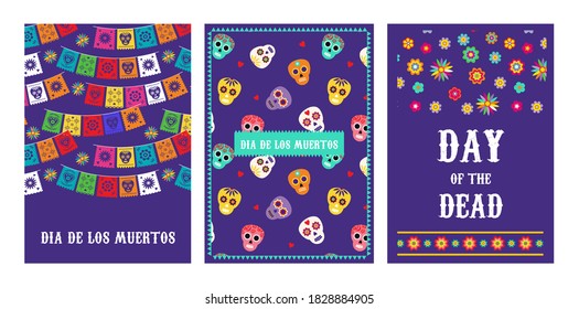 Day of the dead, Dia de los muertos, greeting cards with traditional colorful Mexican patterns. Fiesta, holiday poster, party flyer, funny greeting card.